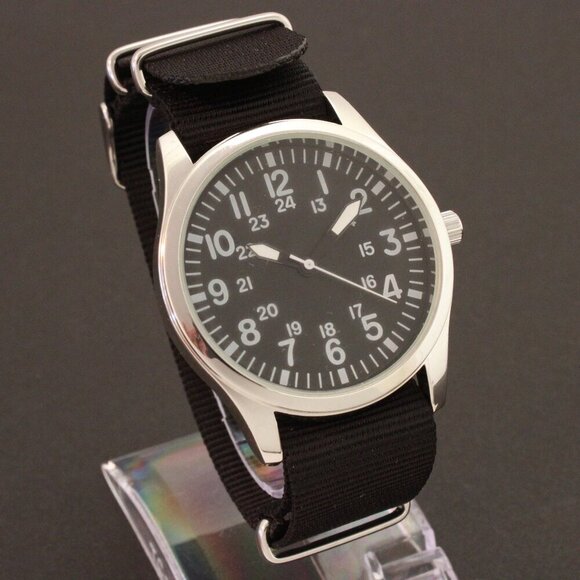 Men's Quartz Field Watch Silver Tone Case Black Military Strap 42mm - Picture 2 of 12